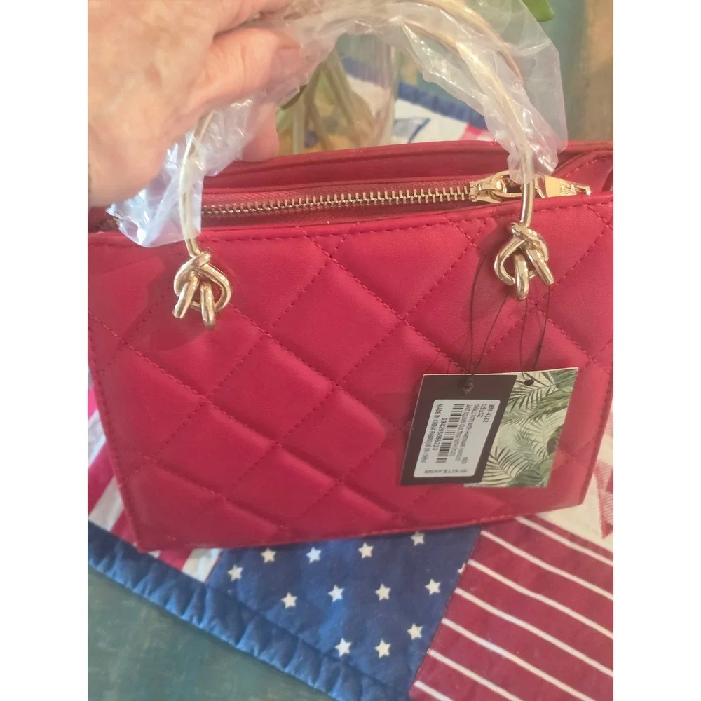Badgley Mischka Red Quilted Small Tote Handbag Gold Hardware Studded BM-4132 - Picture 3 of 8